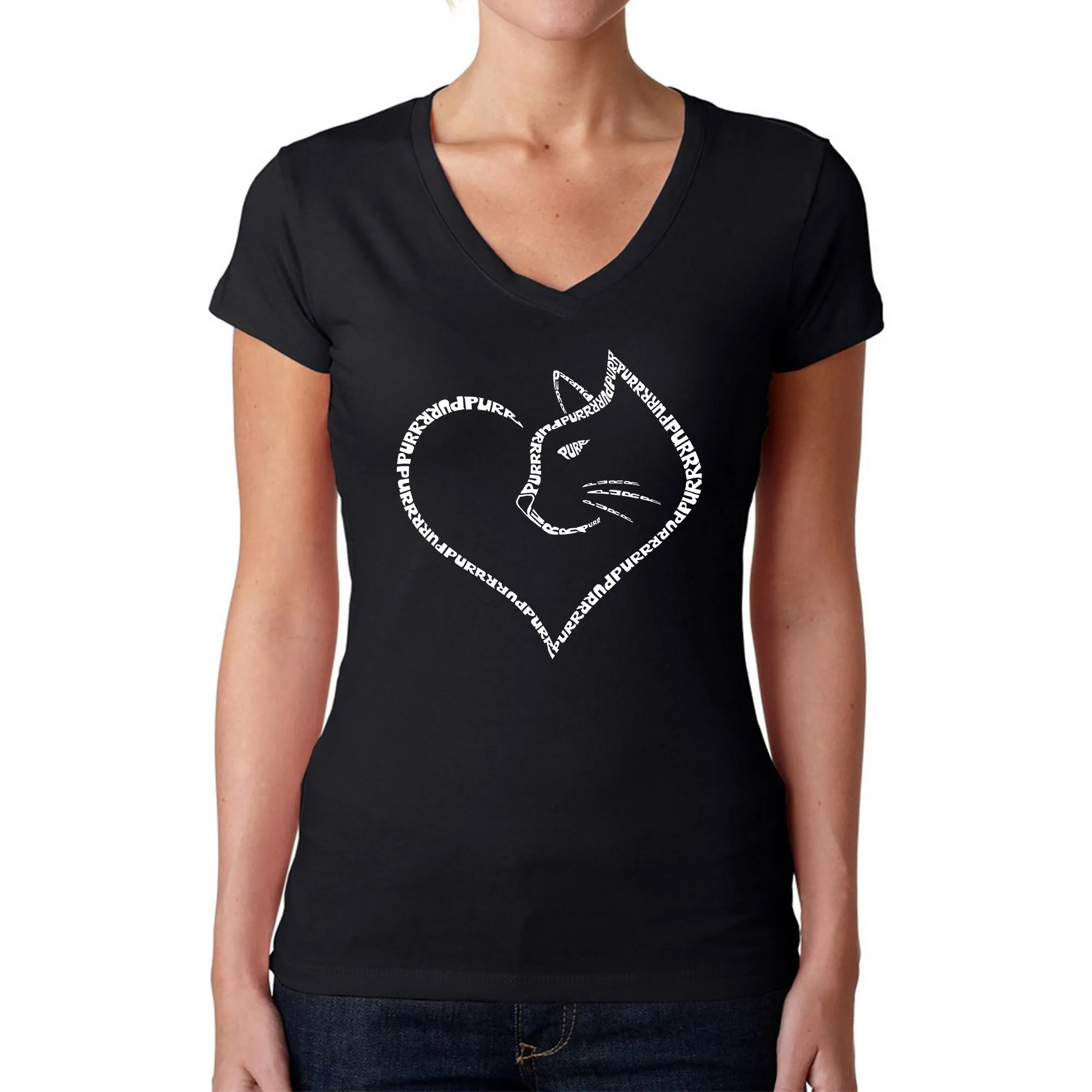 Cat Heart - Women's Word Art V-Neck T-Shirt sold by LA Pop Art