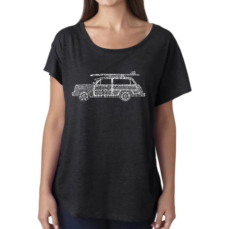 LA Pop Art Women's Dolman Word Art Shirt - Woody - Classic Surf Songs sold by LA Pop Art