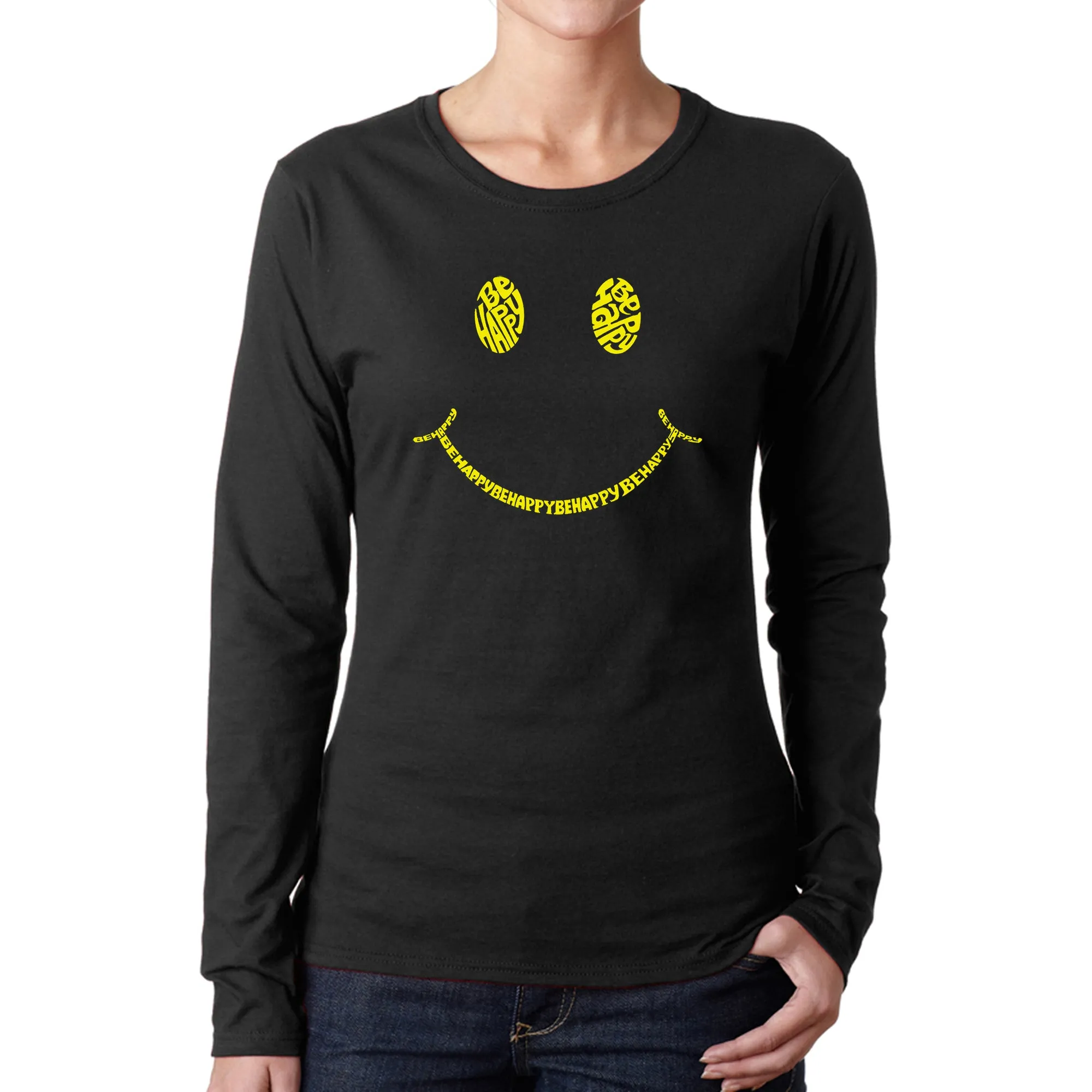 Be Happy Smiley Face - Women's Word Art Long Sleeve T-Shirt sold by LA Pop Art