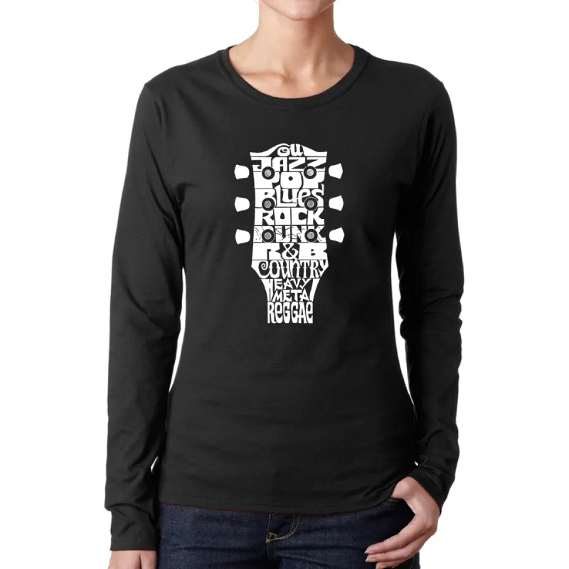 Guitar Head Music Genres  - Women's Word Art Long Sleeve T-Shirt sold by LA Pop Art