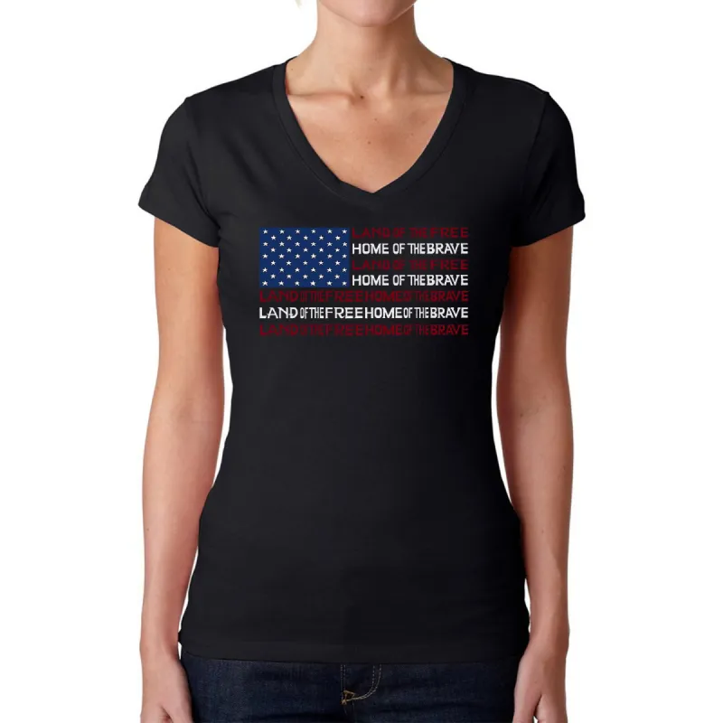 Land of the Free American Flag  - Women's Word Art V-Neck T-Shirt sold by LA Pop Art