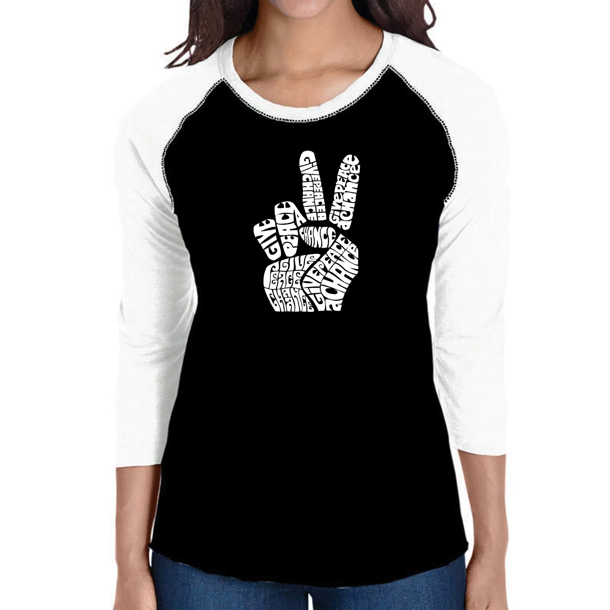 PEACE FINGERS - Women's Raglan Baseball Word Art T-Shirt sold by LA Pop Art
