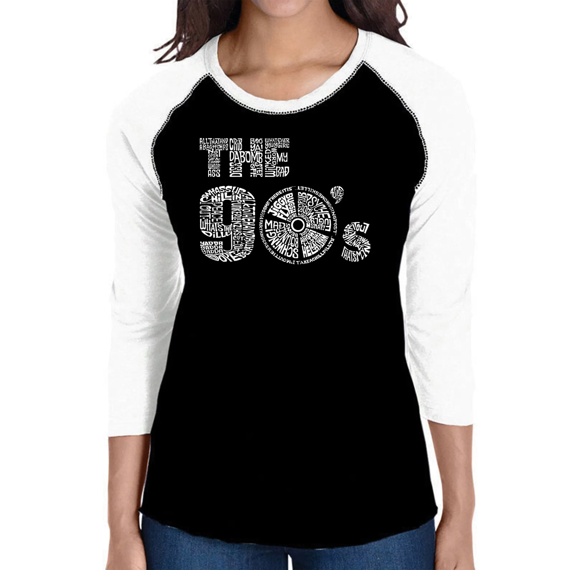 90S - Women's Raglan Baseball Word Art T-Shirt sold by LA Pop Art