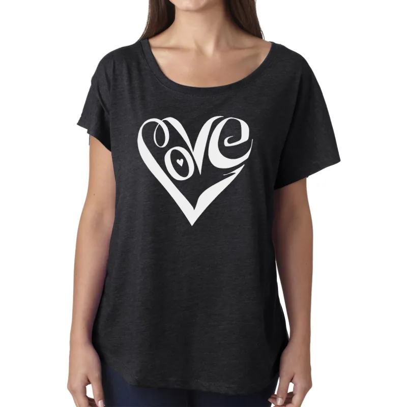 LA Pop Art Women's Loose Fit Dolman Cut Word Art Shirt - Script Love Heart sold by LA Pop Art