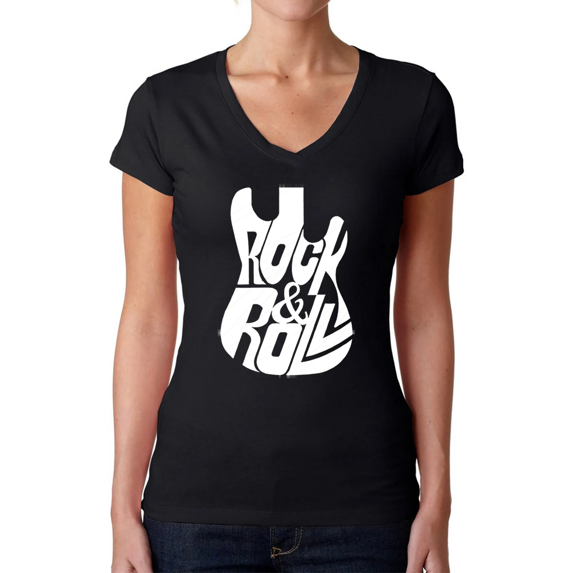 Rock And Roll Guitar - Women's Word Art V-Neck T-Shirt sold by LA Pop Art