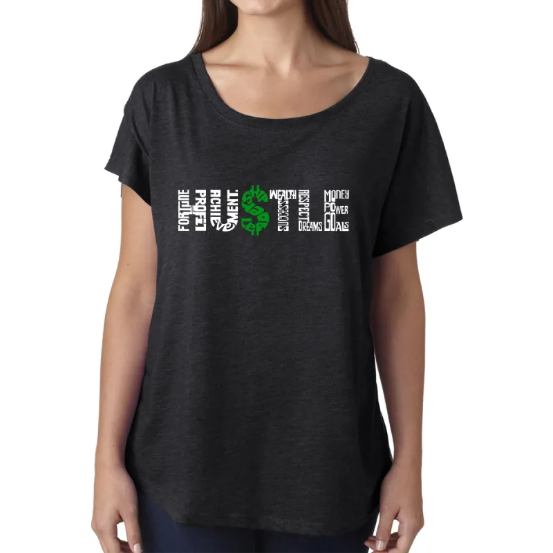 LA Pop Art Women's Loose Fit Dolman Cut Word Art Shirt - Hustle sold by LA Pop Art
