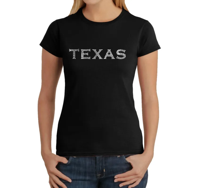 THE GREAT CITIES OF TEXAS - Women's Word Art T-Shirt sold by LA Pop Art
