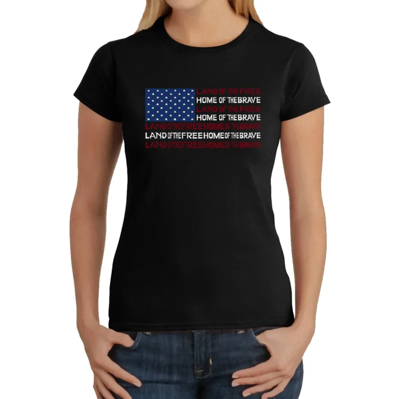 Land of the Free American Flag  - Women's Word Art T-Shirt sold by LA Pop Art