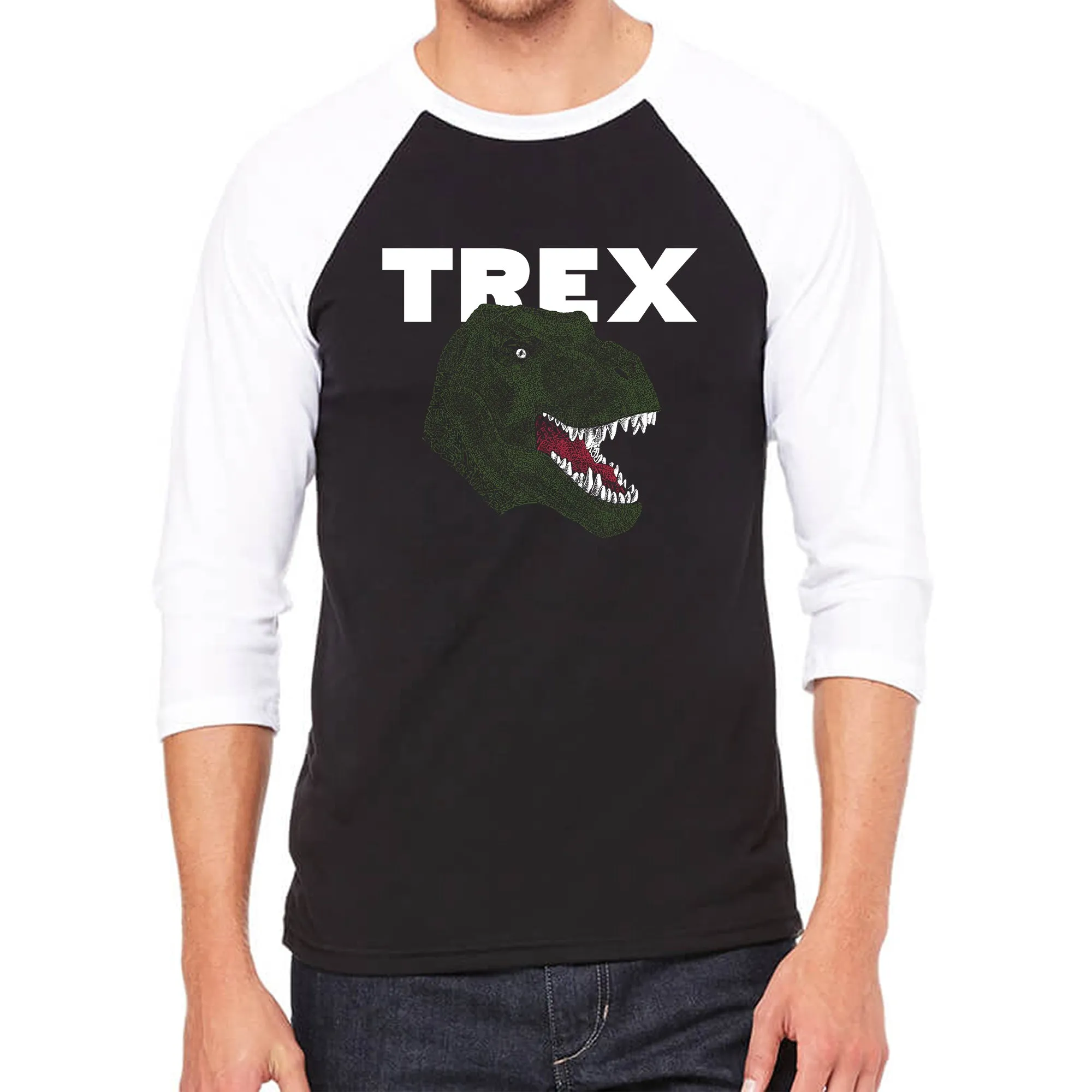 T-Rex Head - Men's Raglan Baseball Word Art T-Shirt sold by LA Pop Art
