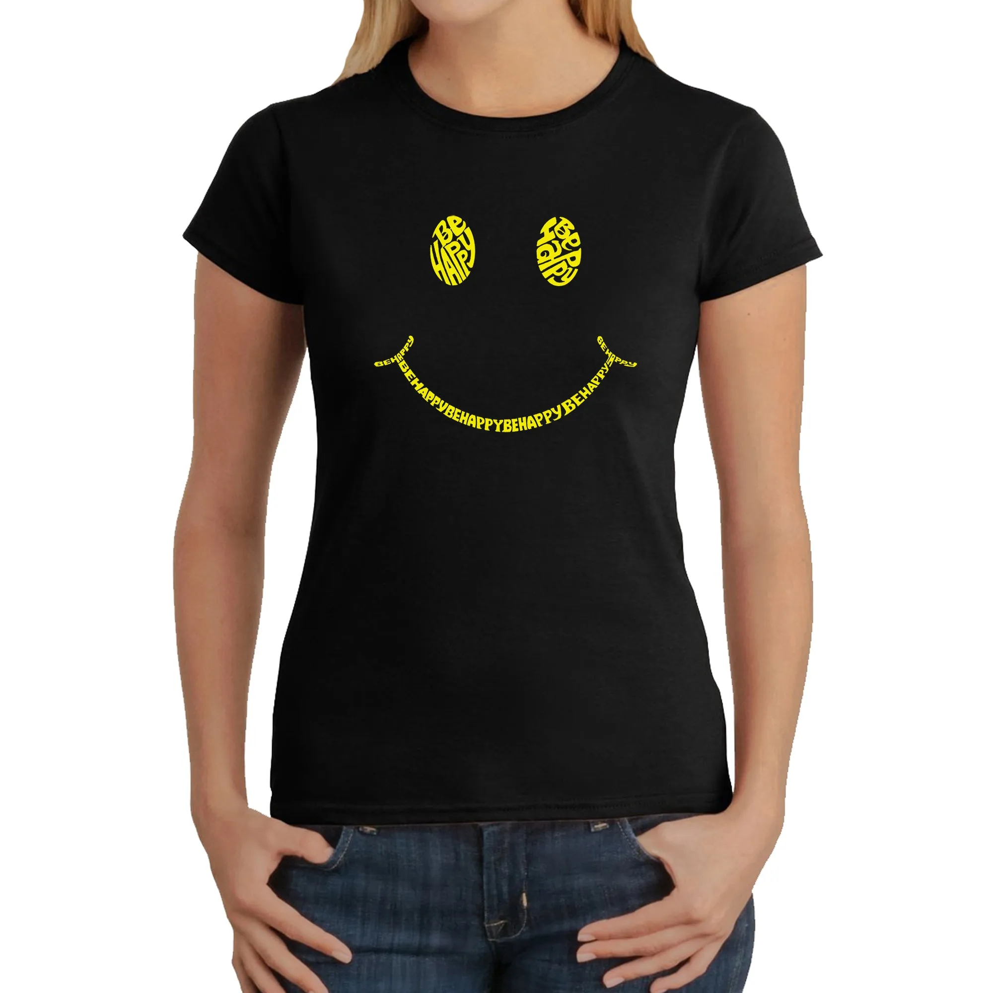 Be Happy Smiley Face - Women's Word Art T-Shirt sold by LA Pop Art