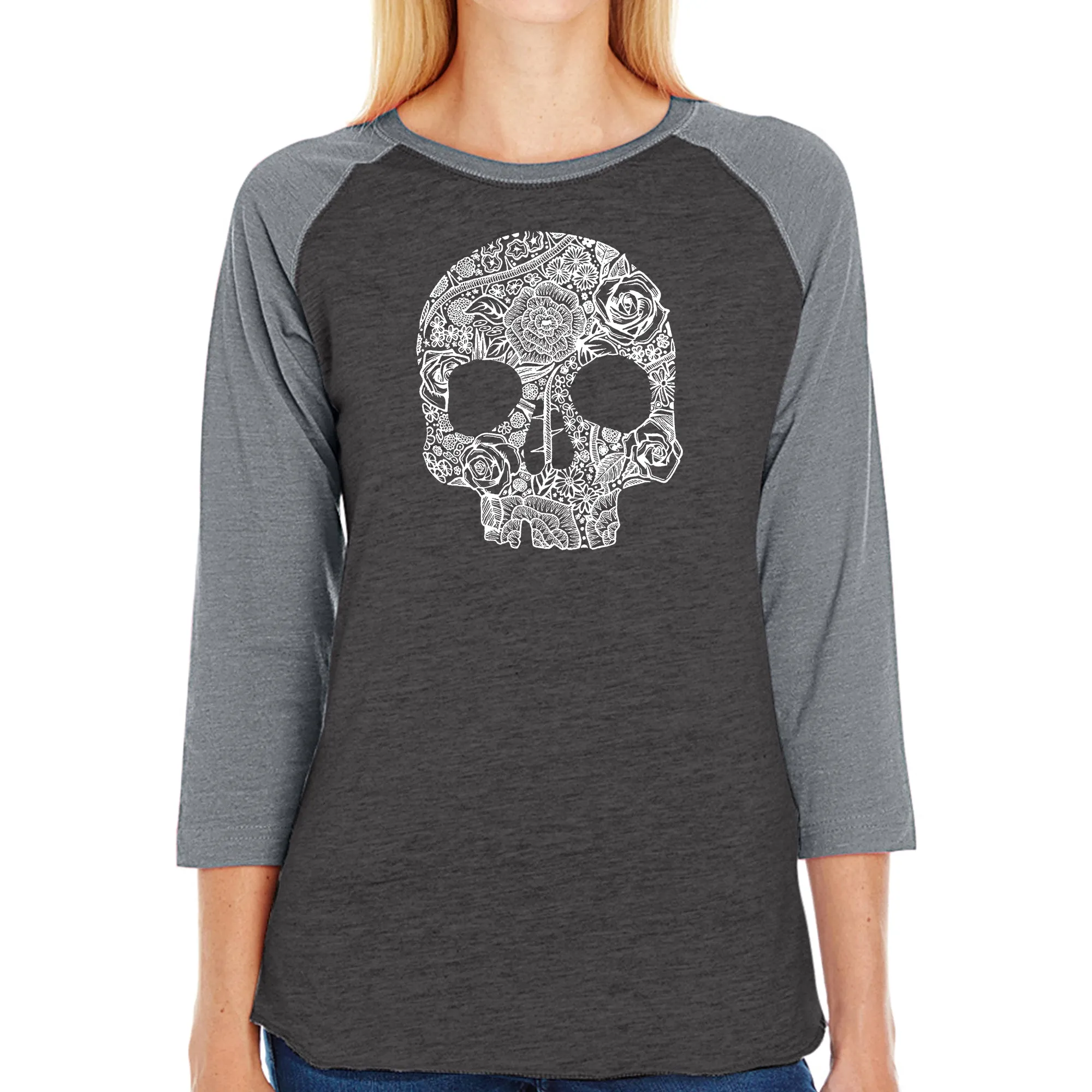 Flower Skull - Women's Raglan Word Art T-Shirt sold by LA Pop Art product image thumbnail 4