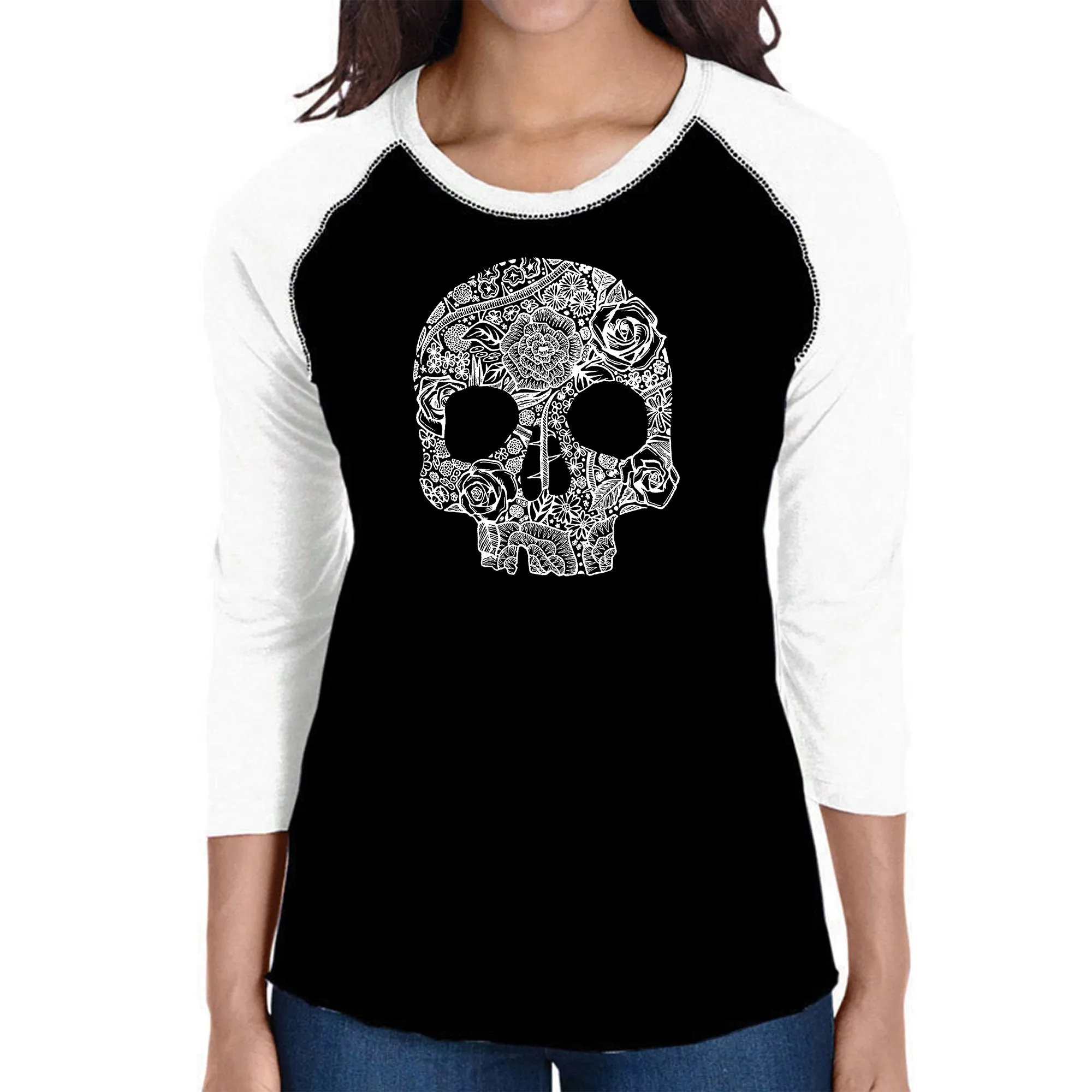 Flower Skull - Women's Raglan Word Art T-Shirt sold by LA Pop Art