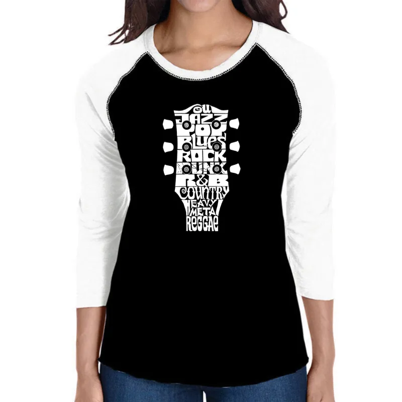 Guitar Head Music Genres  - Women's Raglan Baseball Word Art T-Shirt sold by LA Pop Art