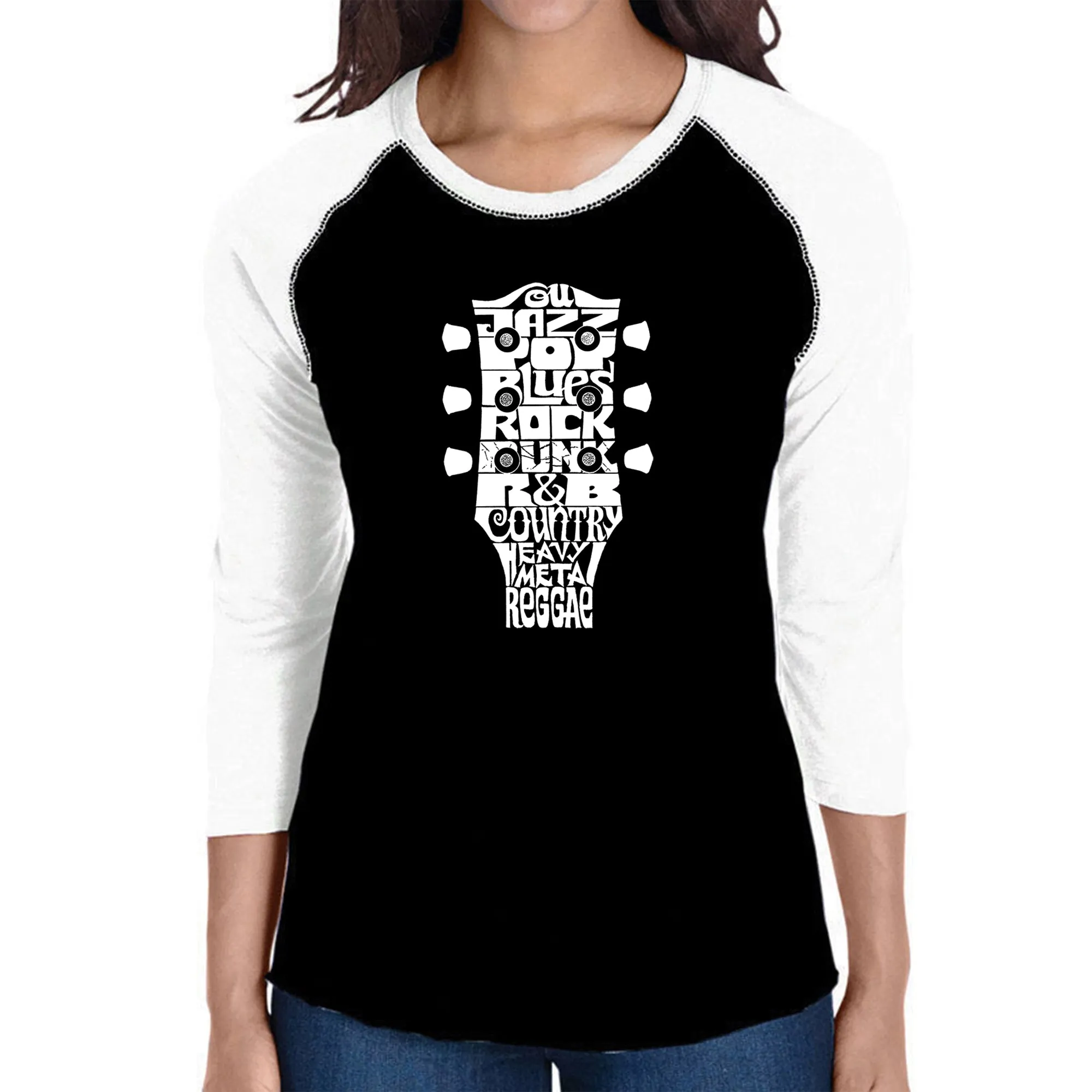 Guitar Head Music Genres - Women's Raglan Baseball Word Art T-Shirt sold by LA Pop Art