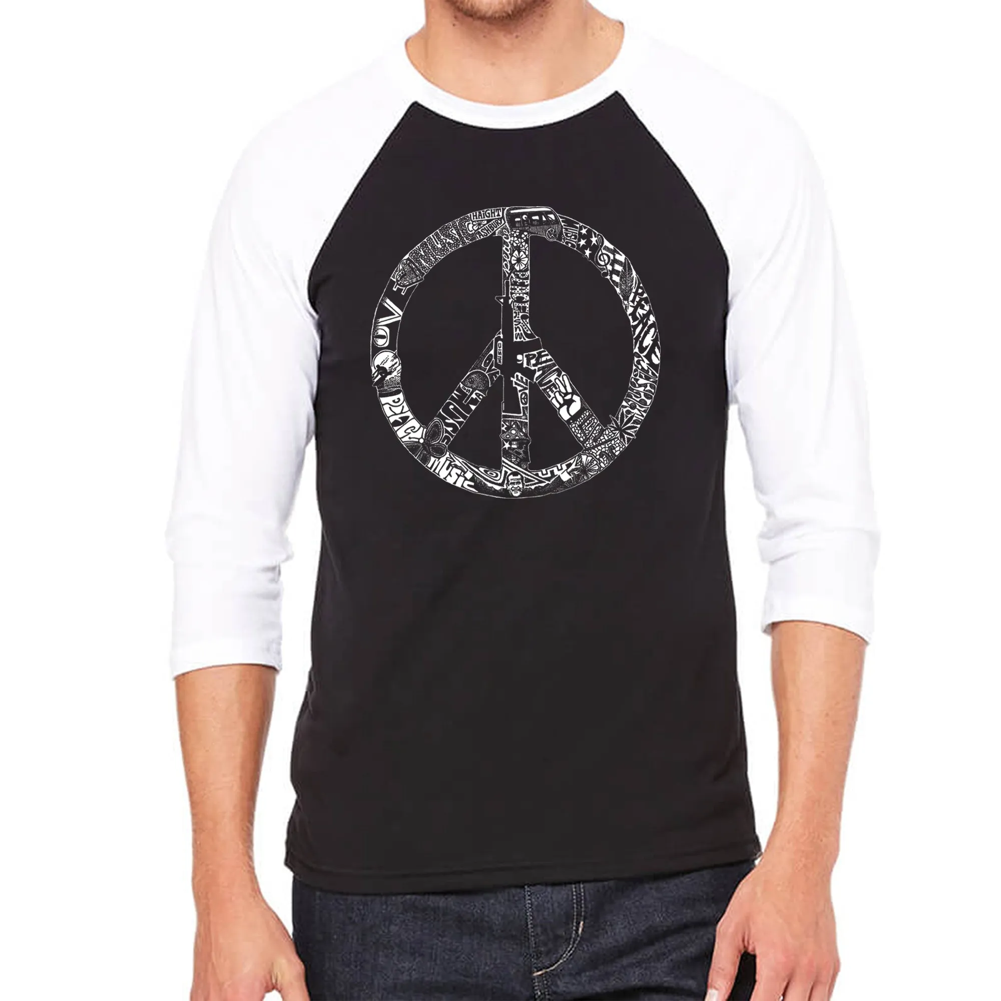 PEACE, LOVE, & MUSIC - Men's Raglan Baseball Word Art T-Shirt sold by LA Pop Art