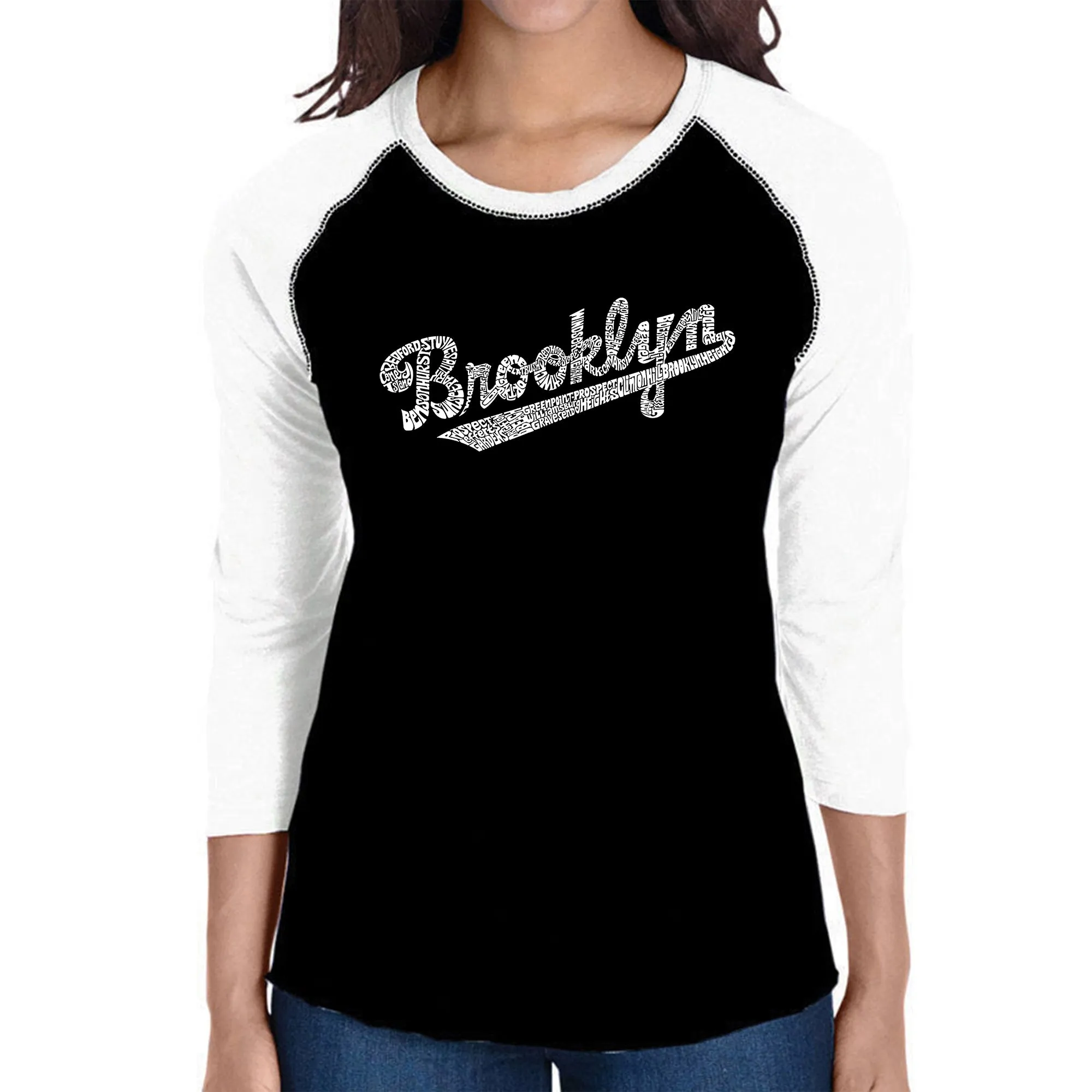 Brooklyn Neighborhoods - Women's Raglan Baseball Word Art T-Shirt sold by LA Pop Art