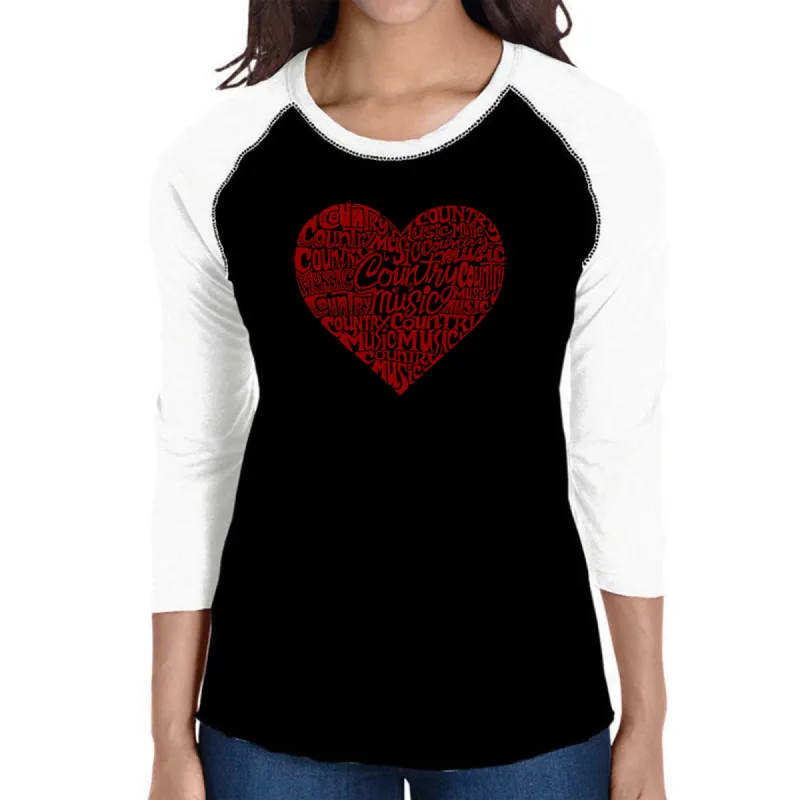 Country Music Heart - Women's Raglan Baseball Word Art T-Shirt sold by LA Pop Art