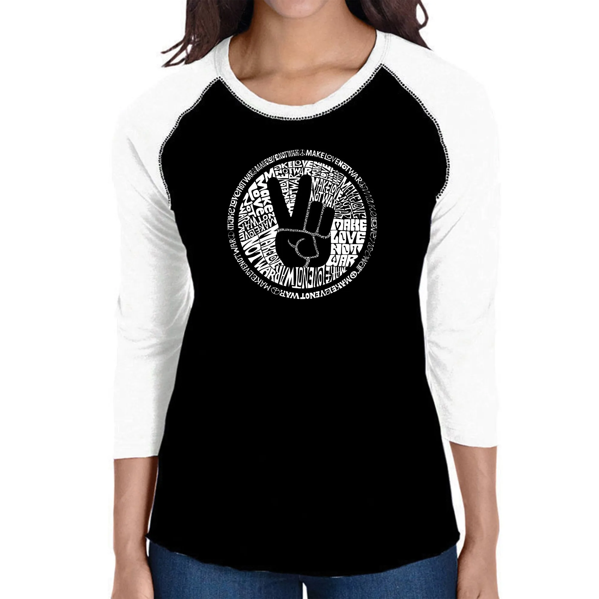 MAKE LOVE NOT WAR - Women's Raglan Baseball Word Art T-Shirt sold by LA Pop Art