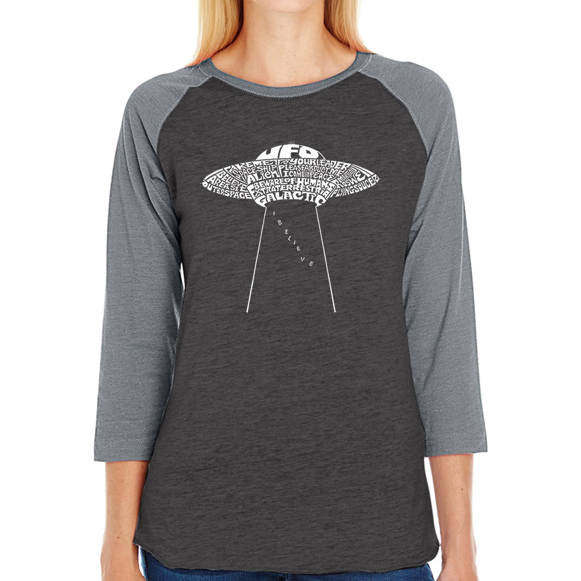 Flying Saucer UFO - Women's Raglan Baseball Word Art T-Shirt sold by LA Pop Art product image thumbnail 4