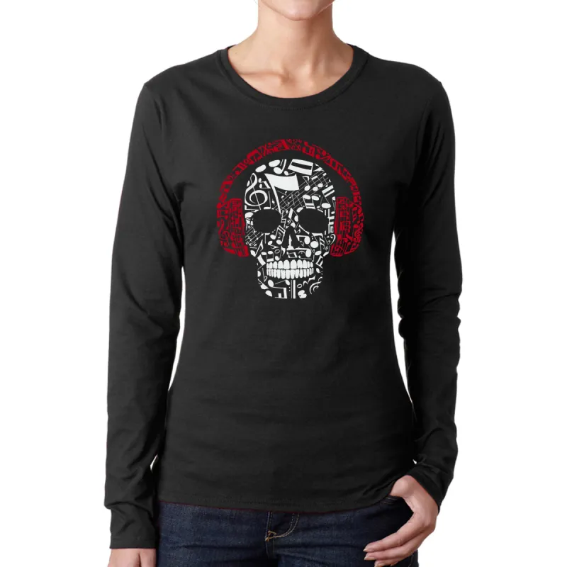 Music Notes Skull  - Women's Word Art Long Sleeve T-Shirt sold by LA Pop Art