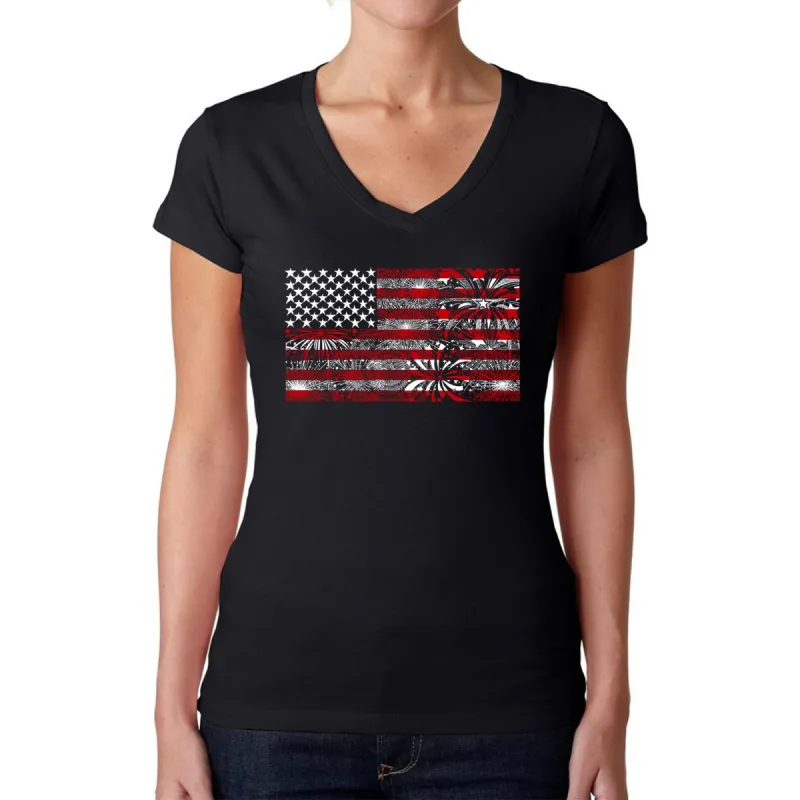 Women's Word Art V-Neck T-Shirt - Fireworks American Flag sold by LA Pop Art