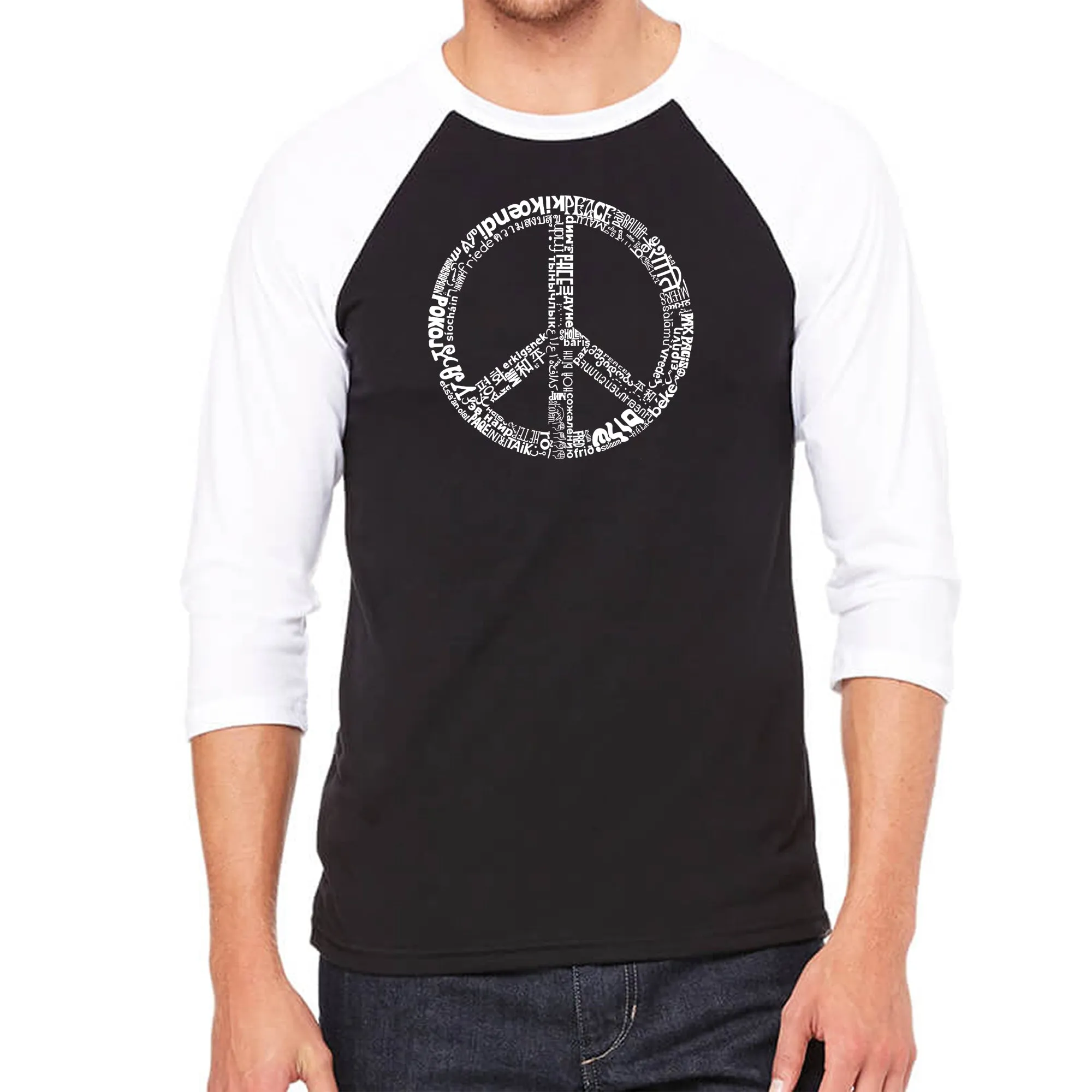 THE WORD PEACE IN 77 LANGUAGES - Men's Raglan Baseball Word Art T-Shirt sold by LA Pop Art