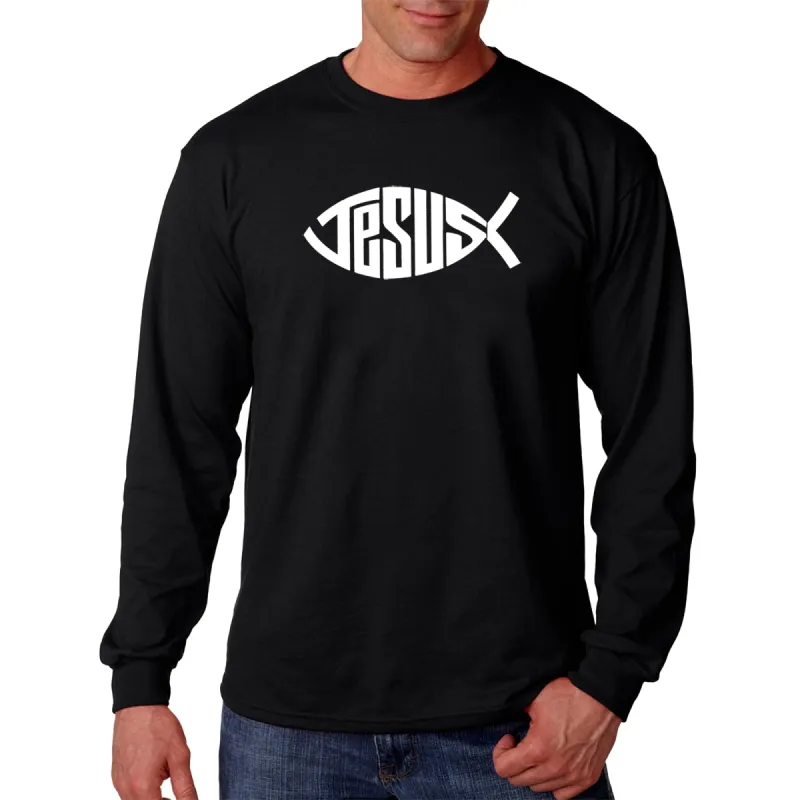 Christian Jesus Name Fish Symbol - Men's Word Art Long Sleeve T-Shirt sold by LA Pop Art