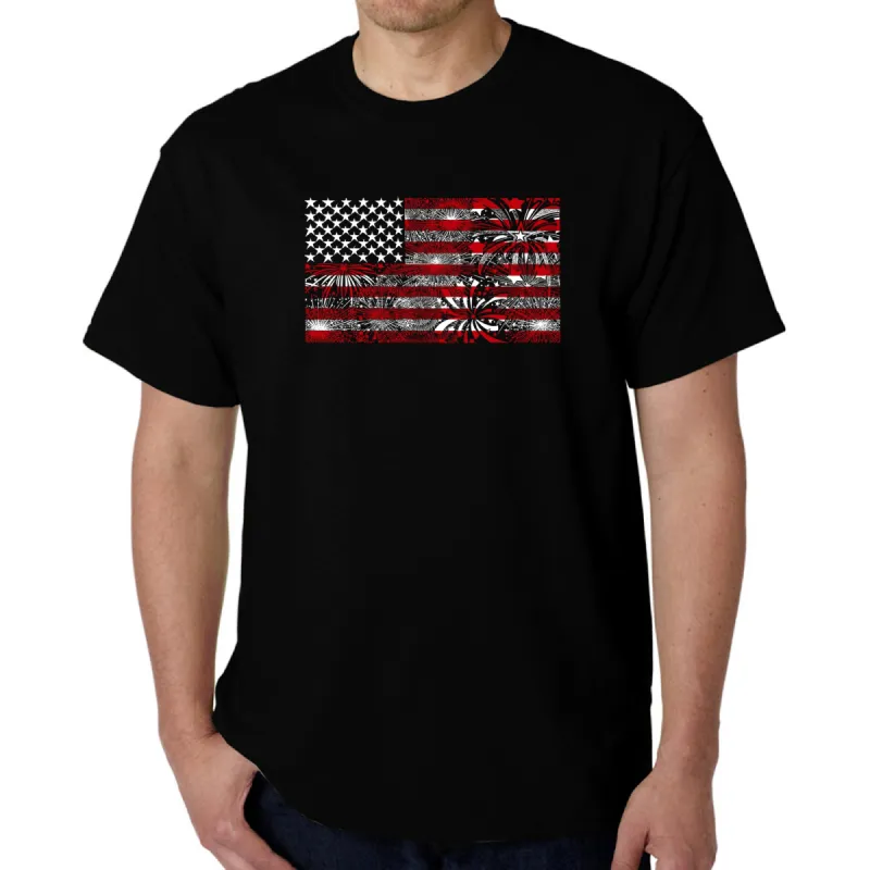 Men's Word Art T-shirt - Fireworks American Flag sold by LA Pop Art