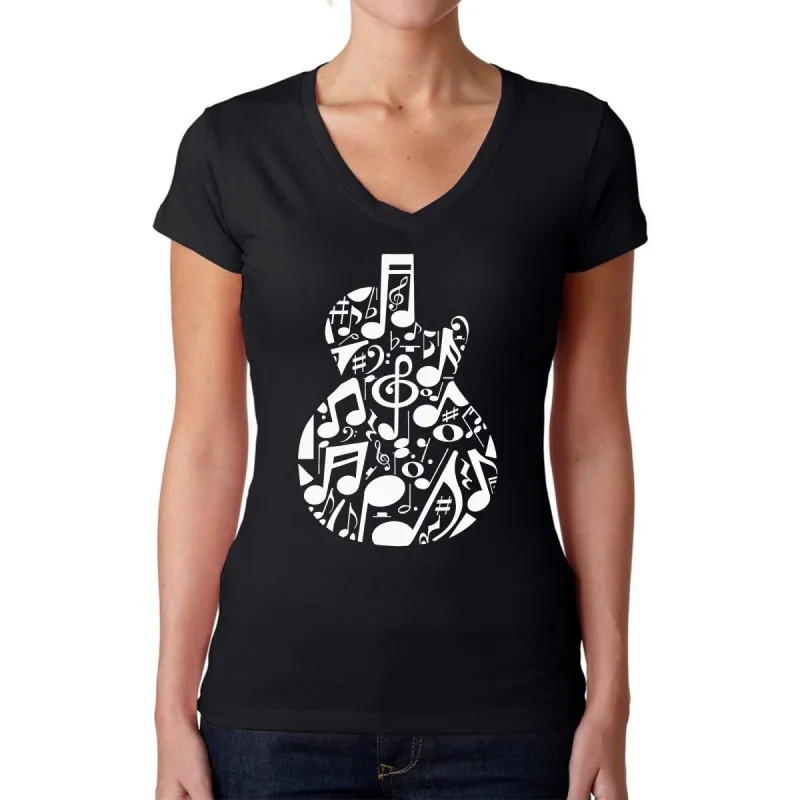 Music Notes Guitar - Women's Word Art V-Neck T-Shirt sold by LA Pop Art