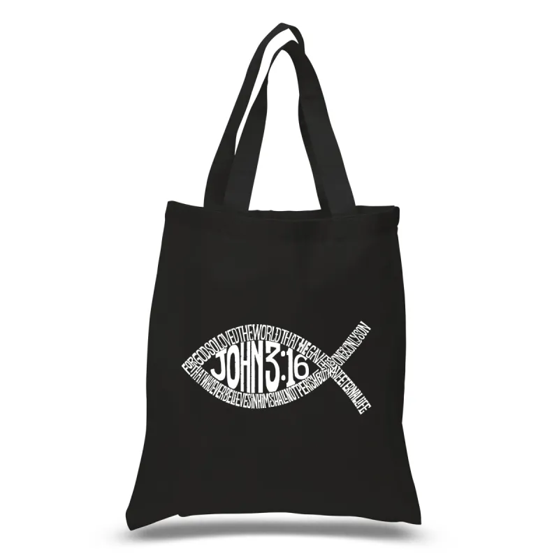 John 3:16 Fish Symbol - Small Word Art Tote Bag sold by LA Pop Art