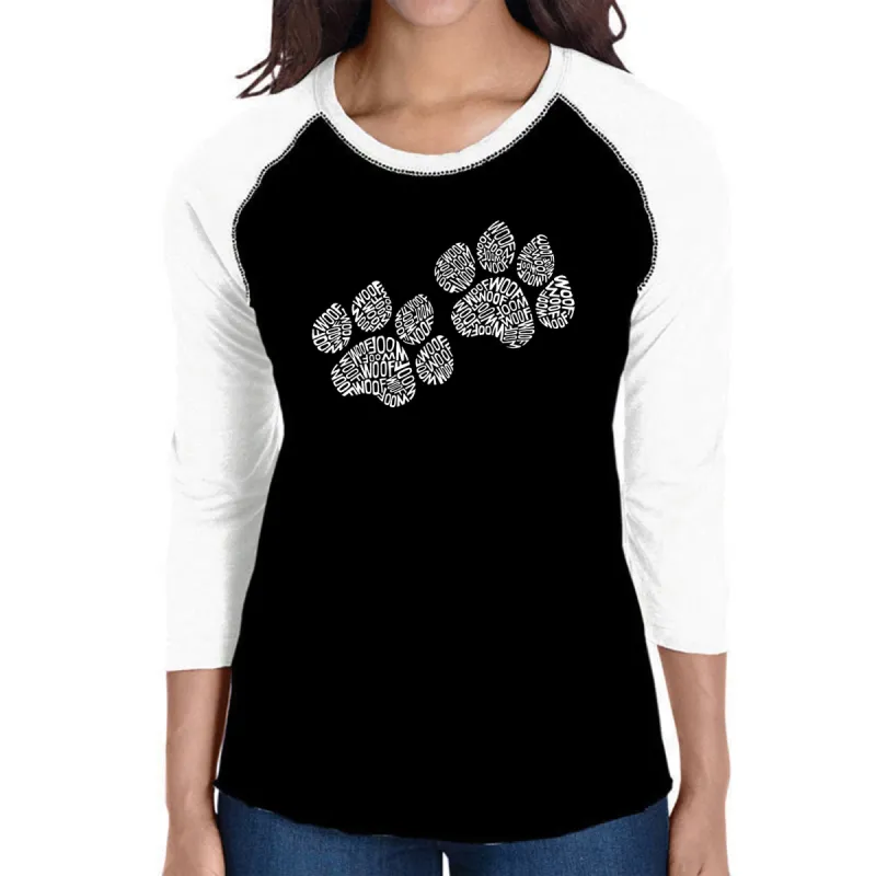 Woof Paw Prints - Women's Raglan Baseball Word Art T-Shirt sold by LA Pop Art