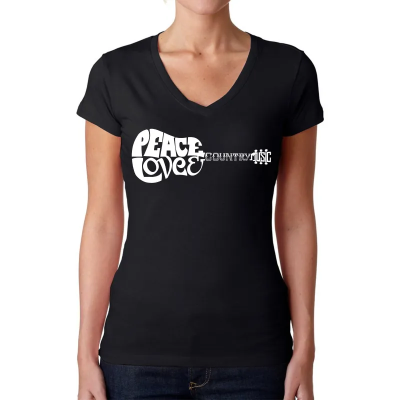 Peace Love Country - Women's Word Art V-Neck T-Shirt sold by LA Pop Art