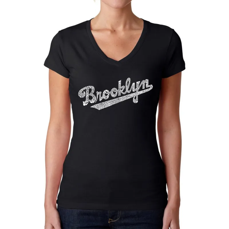 Brooklyn Neighborhoods  - Women's Word Art V-Neck T-Shirt sold by LA Pop Art