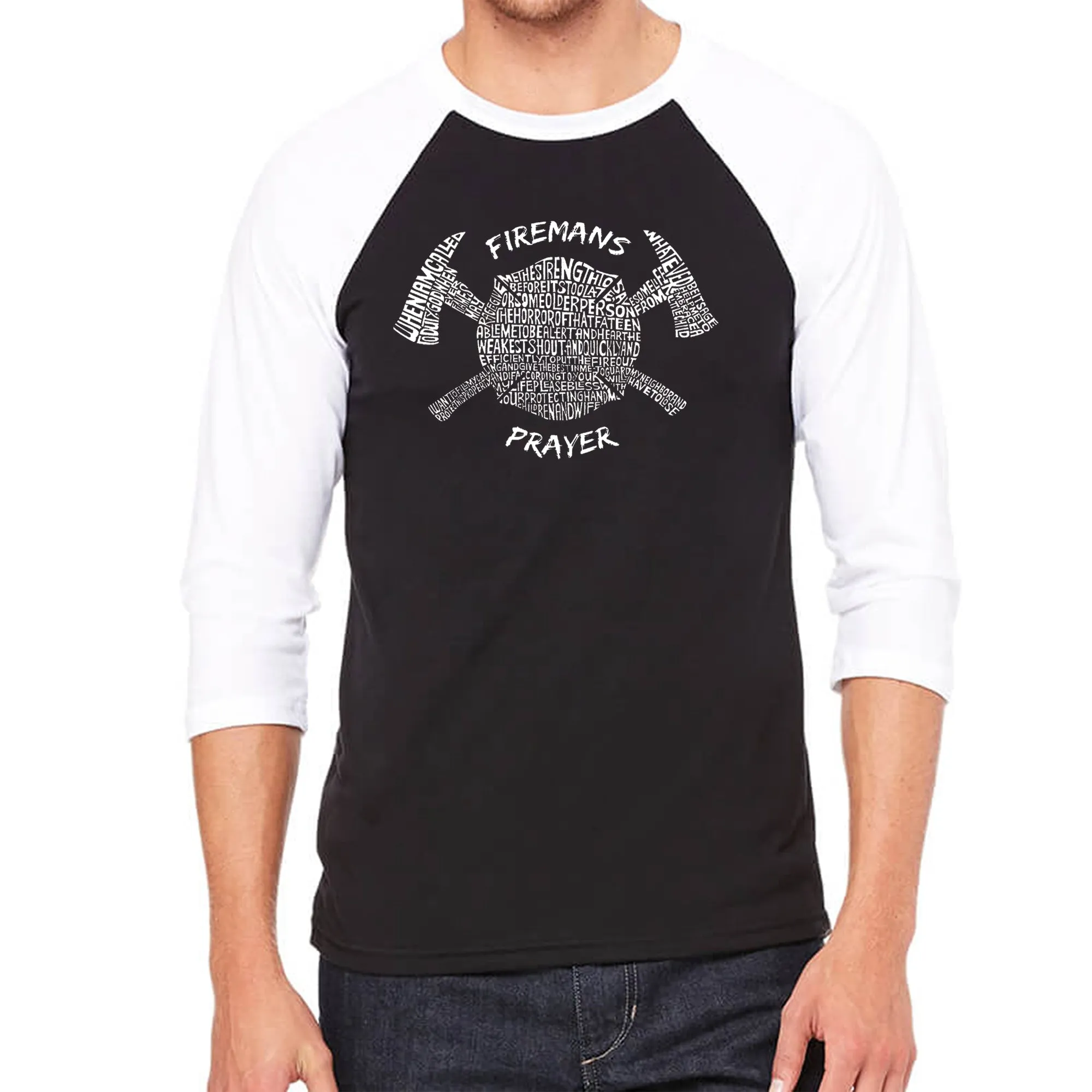 FIREMAN'S PRAYER - Men's Raglan Baseball Word Art T-Shirt sold by LA Pop Art