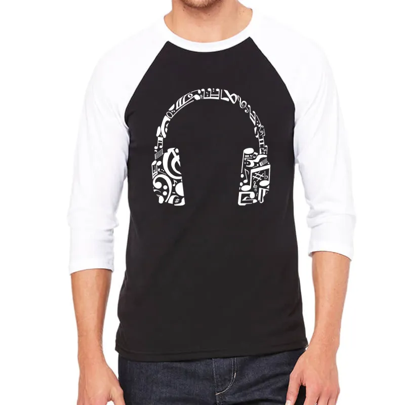 Music Note Headphones - Men's Raglan Baseball Word Art T-Shirt sold by LA Pop Art