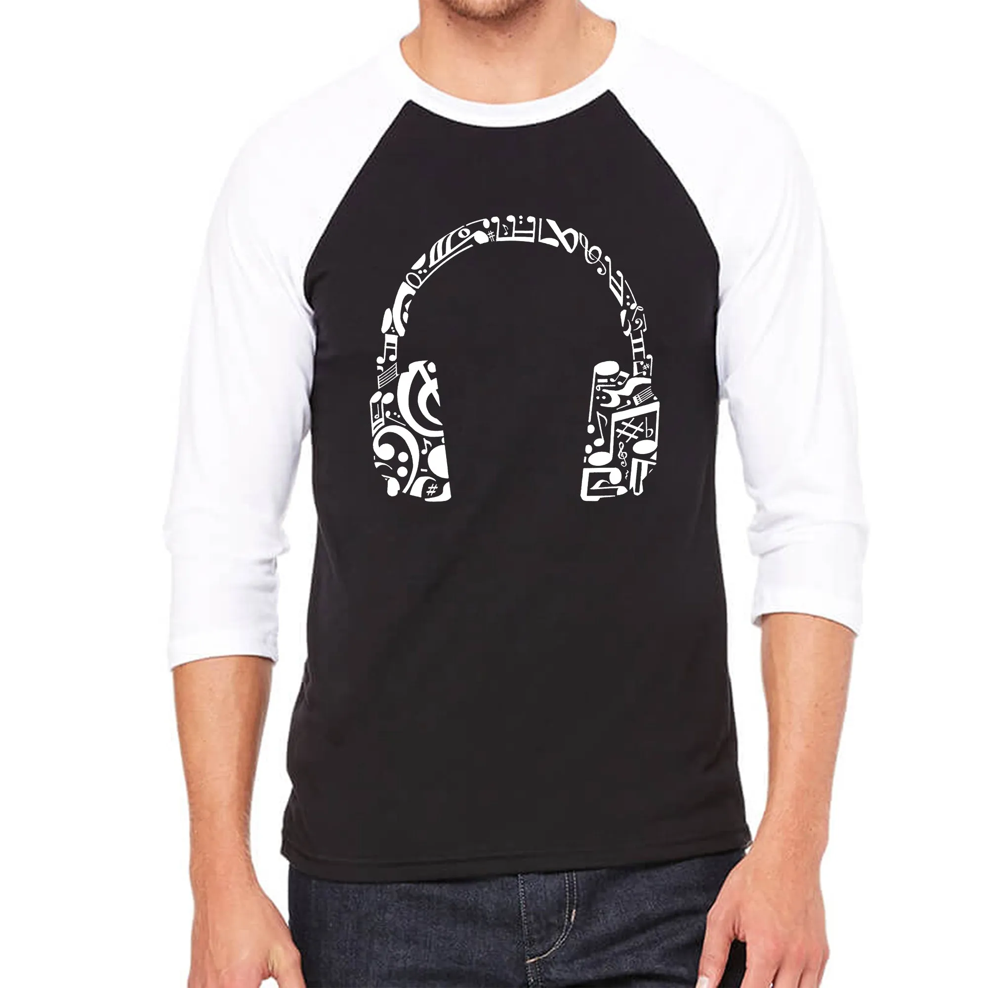 Music Note Headphones - Men's Raglan Baseball Word Art T-Shirt sold by LA Pop Art