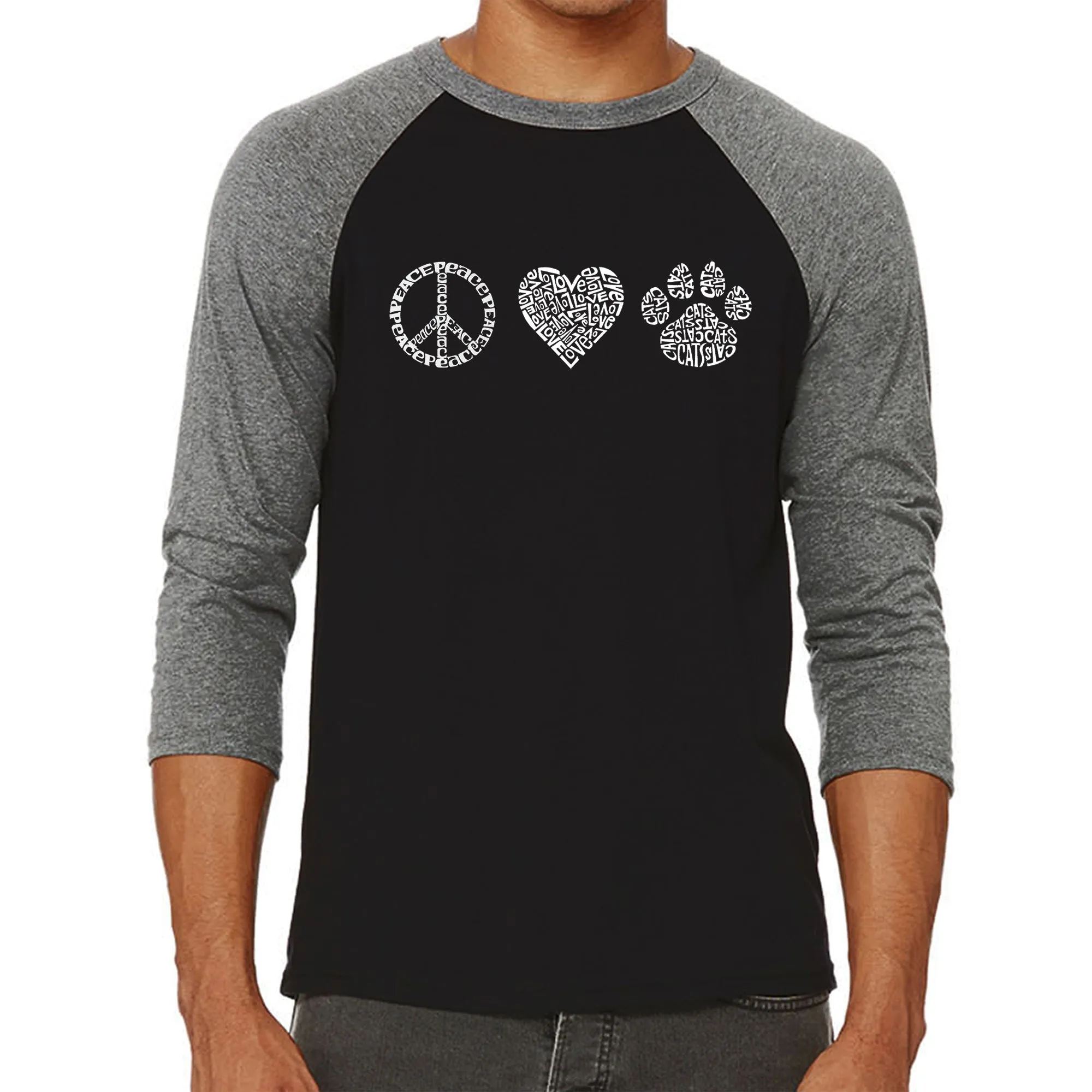 Peace Love Cats - Men's Raglan Baseball Word Art T-Shirt sold by LA Pop Art product image thumbnail 4