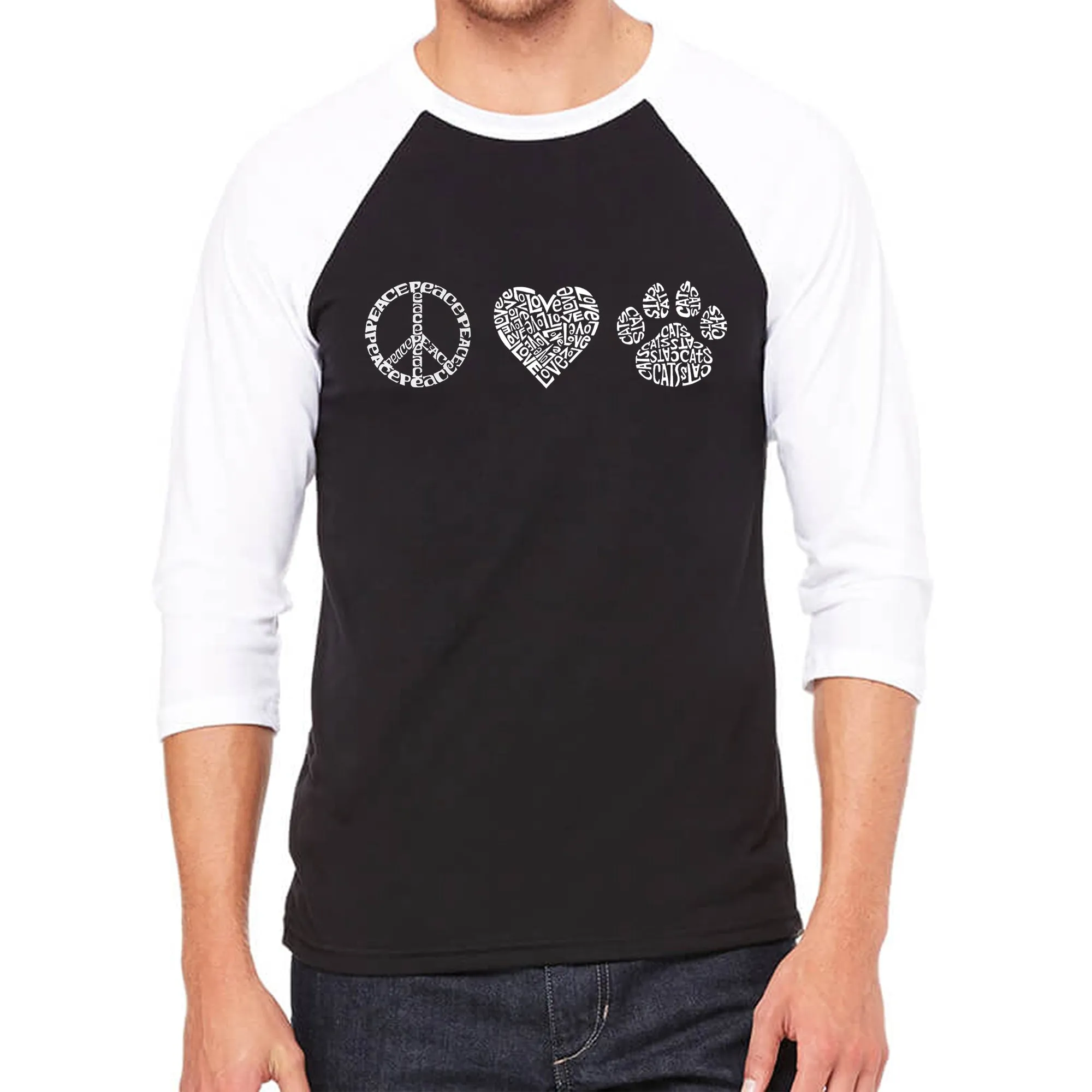 Peace Love Cats - Men's Raglan Baseball Word Art T-Shirt sold by LA Pop Art