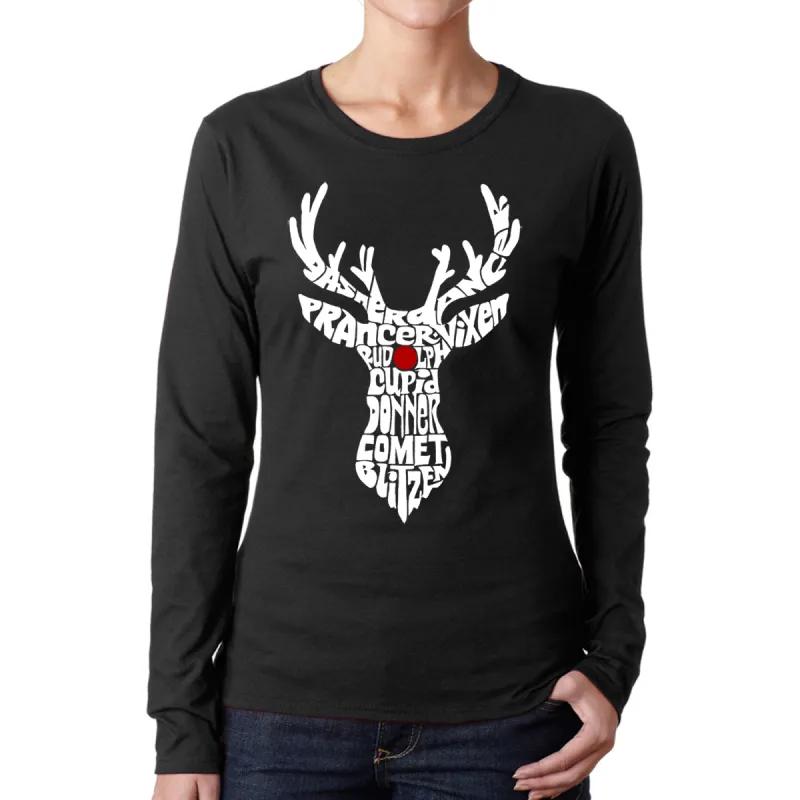 Santa's Reindeer  - Women's Word Art Long Sleeve T-Shirt sold by LA Pop Art