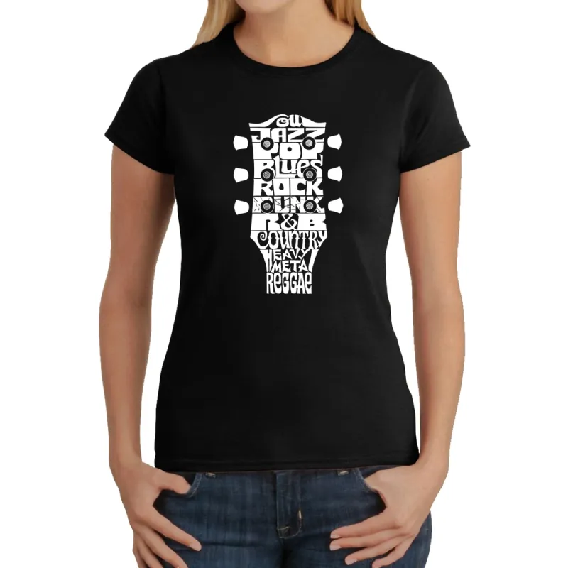 Guitar Head Music Genres  - Women's Word Art T-Shirt sold by LA Pop Art