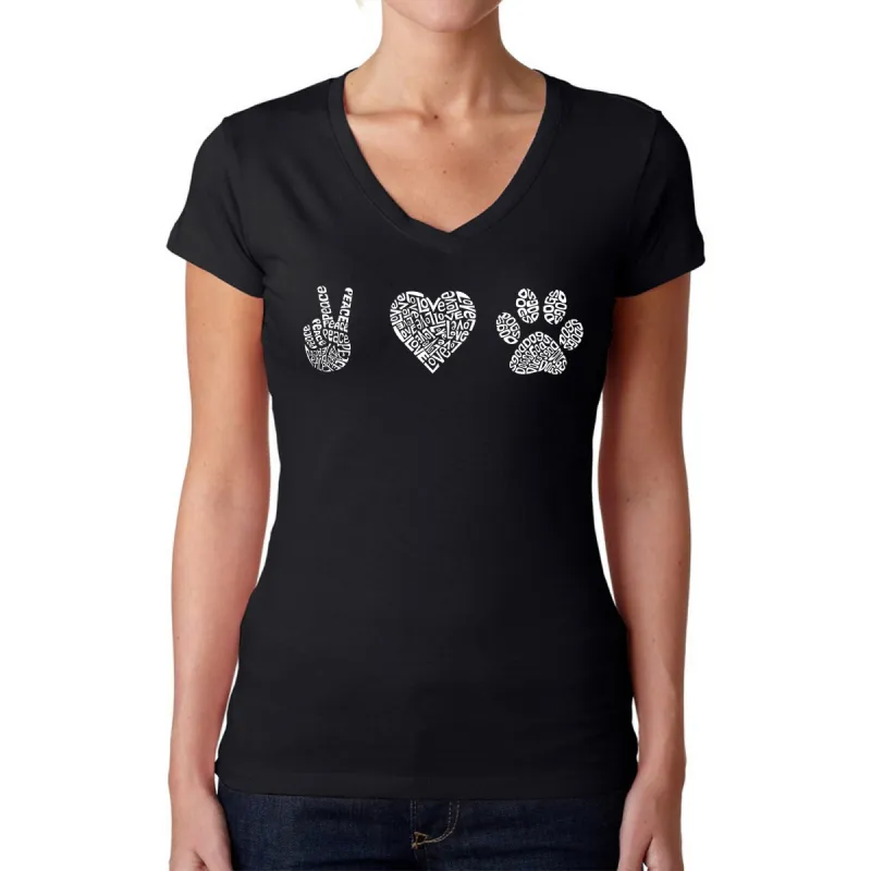 Peace Love Dogs  - Women's Word Art V-Neck T-Shirt sold by LA Pop Art