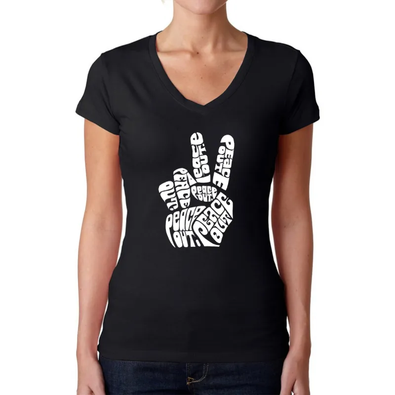 Peace Out  - Women's Word Art V-Neck T-Shirt sold by LA Pop Art