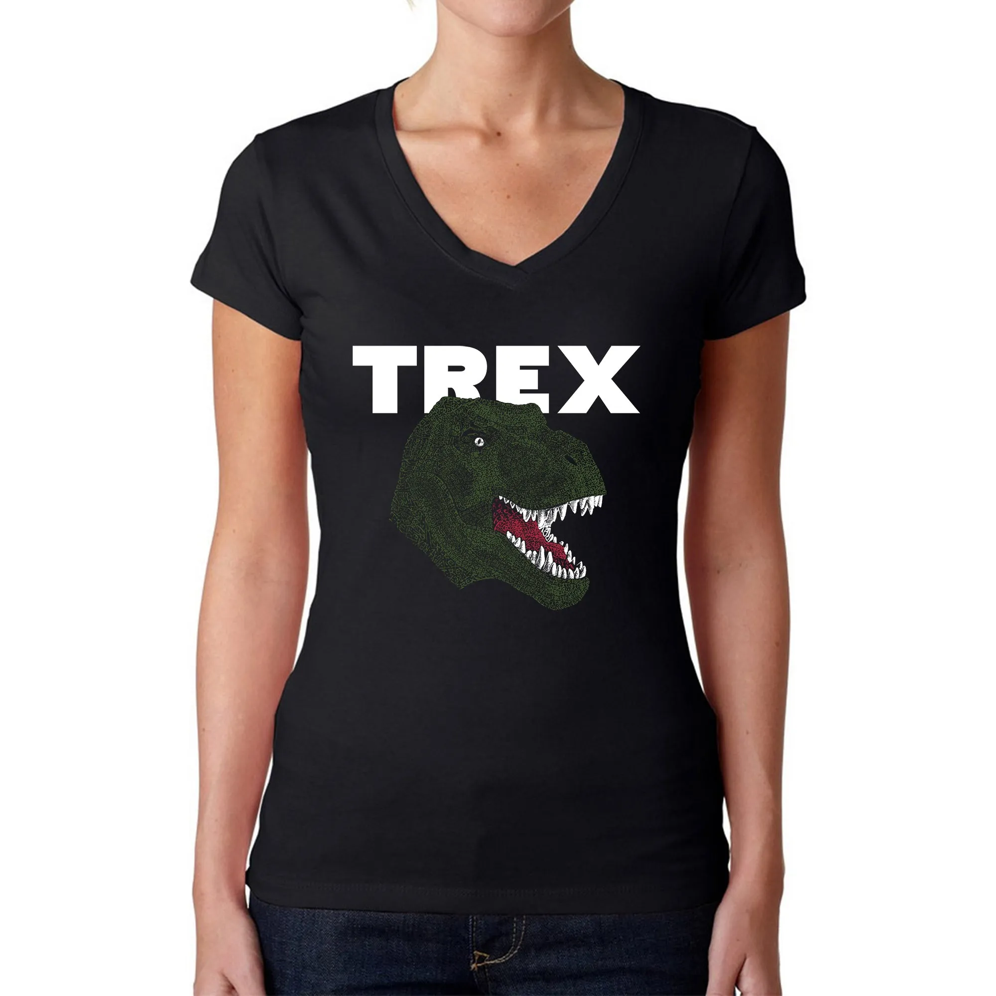T-Rex Head - Women's Word Art V-Neck T-Shirt sold by LA Pop Art