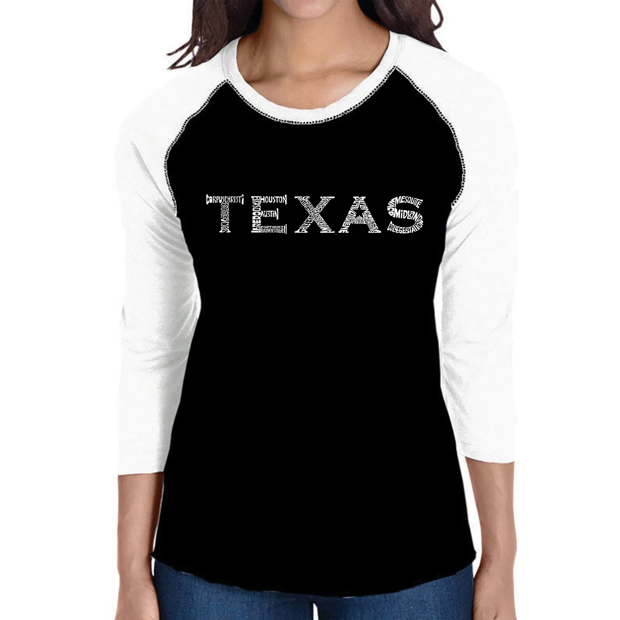 THE GREAT CITIES OF TEXAS - Women's Raglan Baseball Word Art T-Shirt sold by LA Pop Art