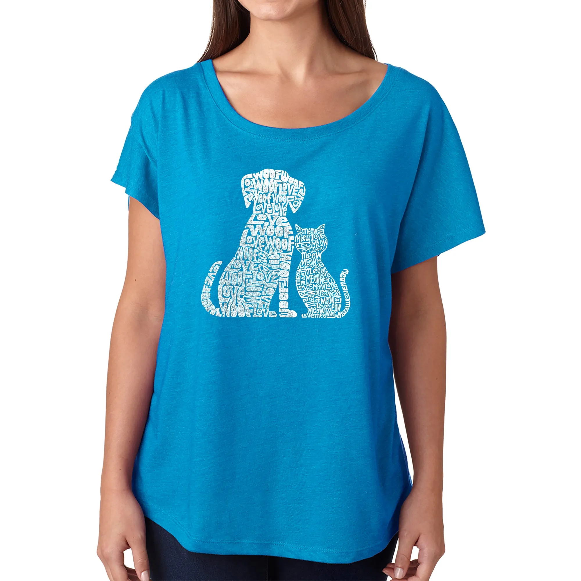 LA Pop Art Women's Loose Fit Dolman Cut Word Art Shirt - Dogs and Cats sold by LA Pop Art product image thumbnail 4