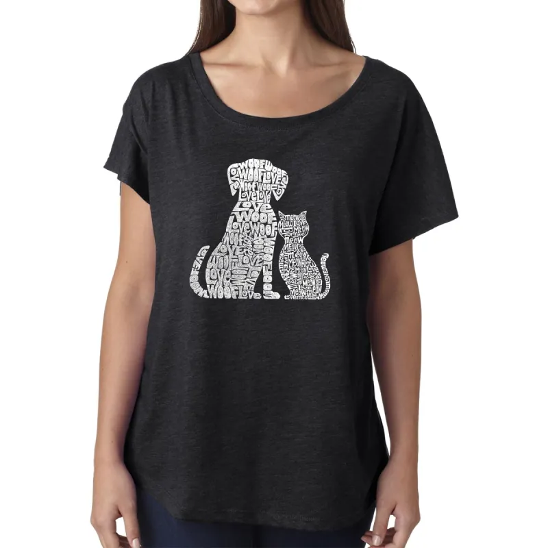 LA Pop Art Women's Loose Fit Dolman Cut Word Art Shirt - Dogs and Cats sold by LA Pop Art