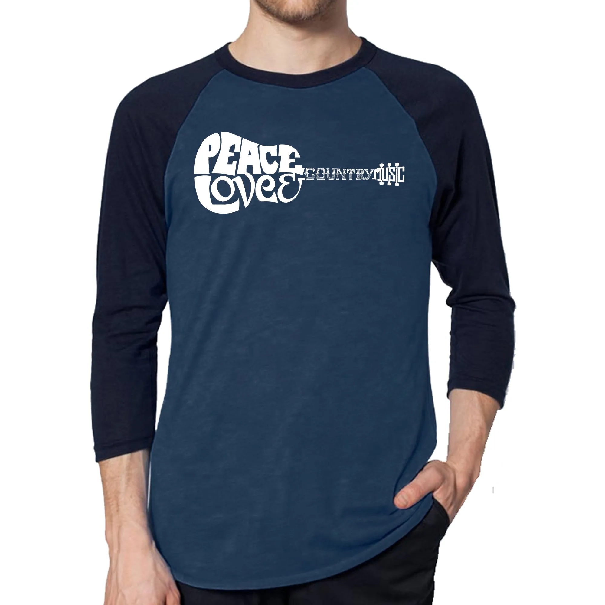 Peace Love Country - Men's Raglan Baseball Word Art T-Shirt sold by LA Pop Art product image thumbnail 3