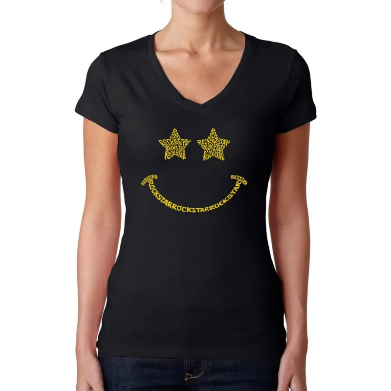 Rockstar Smiley  - Women's Word Art V-Neck T-Shirt sold by LA Pop Art