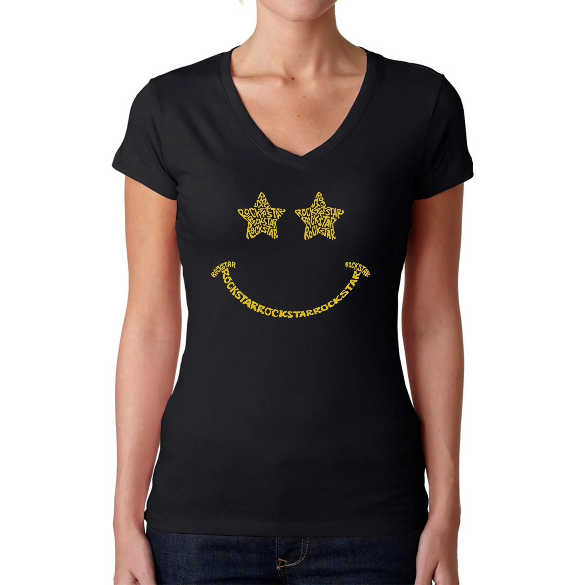 Rockstar Smiley - Women's Word Art V-Neck T-Shirt sold by LA Pop Art