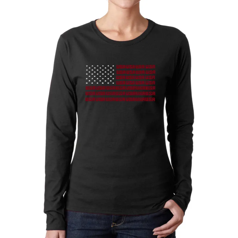USA Flag - Women's Word Art Long Sleeve T-Shirt sold by LA Pop Art